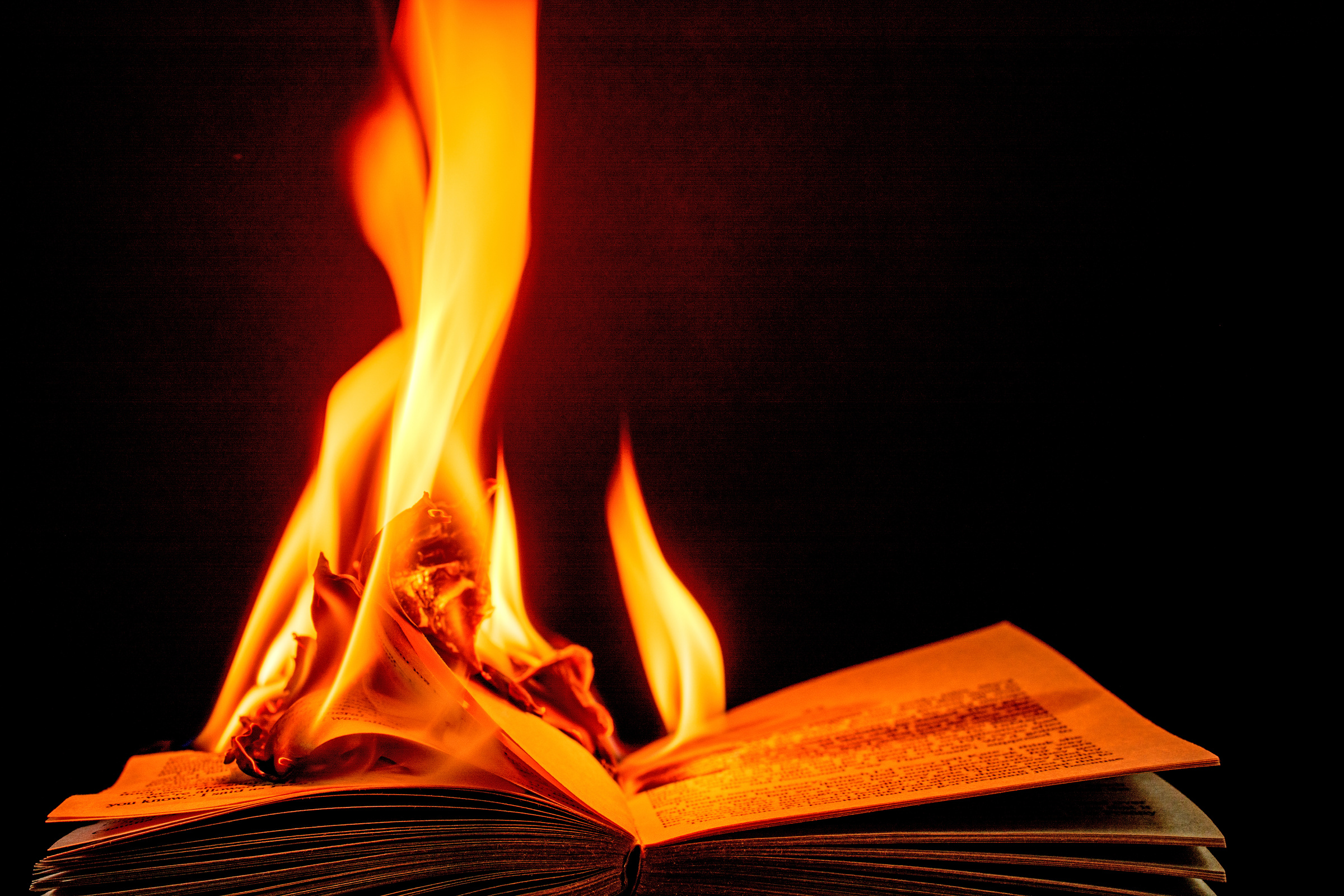 Burning book engulfed in brilliant  flames-  black background.